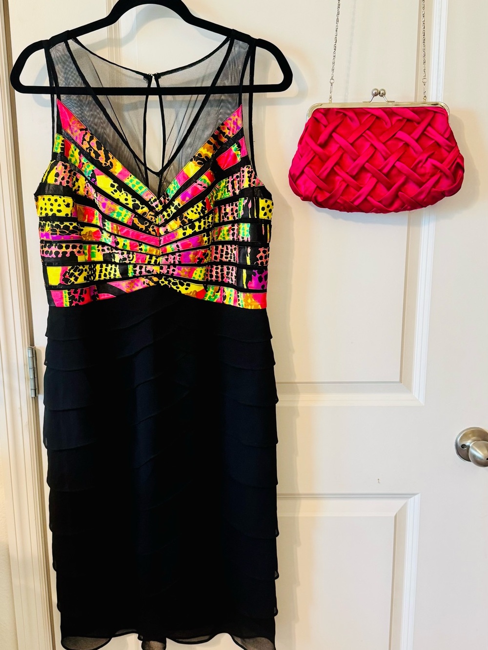 Midnight Velvet Black Midi Dress with Neon Print Bodice and Matching Pink clutch